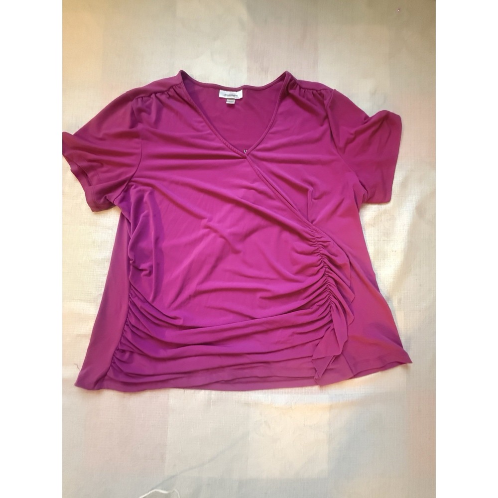Dressbarn Women's 22/24 Plus Magenta Pink Ruched V Neck Stretch Blouse Top—1